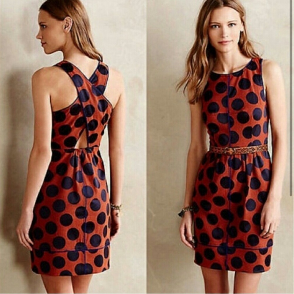 Maeve Anthropologie Fit & Flare Dress High Neck Open Back Cut Out Back Polka Dot